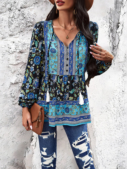 Long Sleeves Loose Buttoned Elasticity Flower Print Split-joint Tasseled V-neck Blouses&shirts Tops