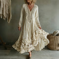 Women's Vintage Lace Floral Art Linen Flowy Maxi Dress elevenforest