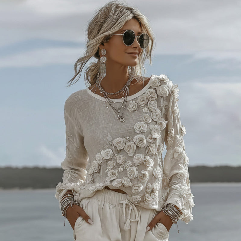 Women's Floral Embroidered Linen Crew Neck T-shirt elevenforest