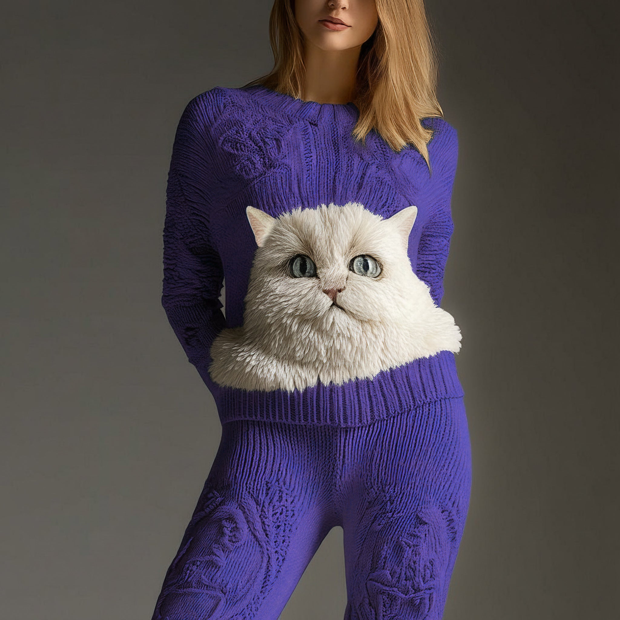 Cute Fuzzy Cat Face Embroidered Cozy Knit Sweater elevenforest