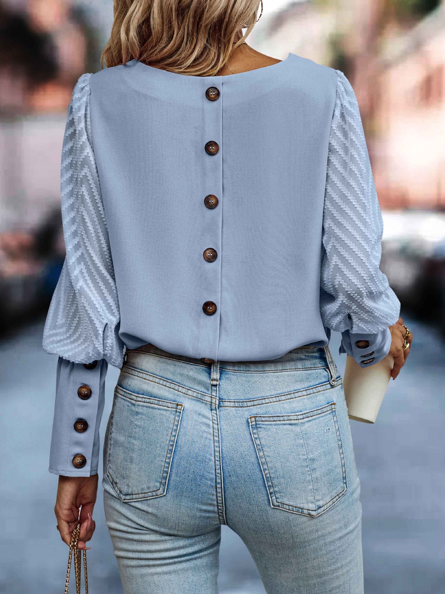 Fall Winter Color Round Neck Button Long Sleeve Blouse Top