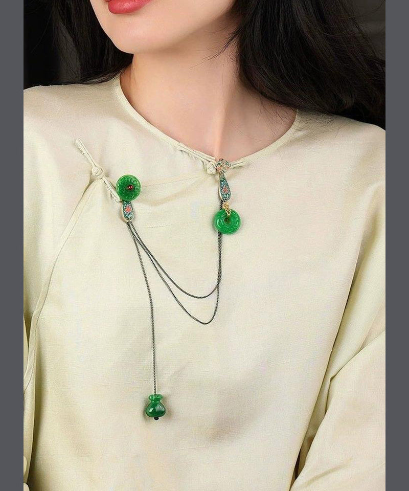 Chinese Style Green Jade Cloisonne Pomegranate Garnet Tassel Brooches