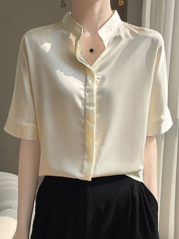 Loose Short Sleeves Buttoned Color Stand Collar Blouses&shirts Tops