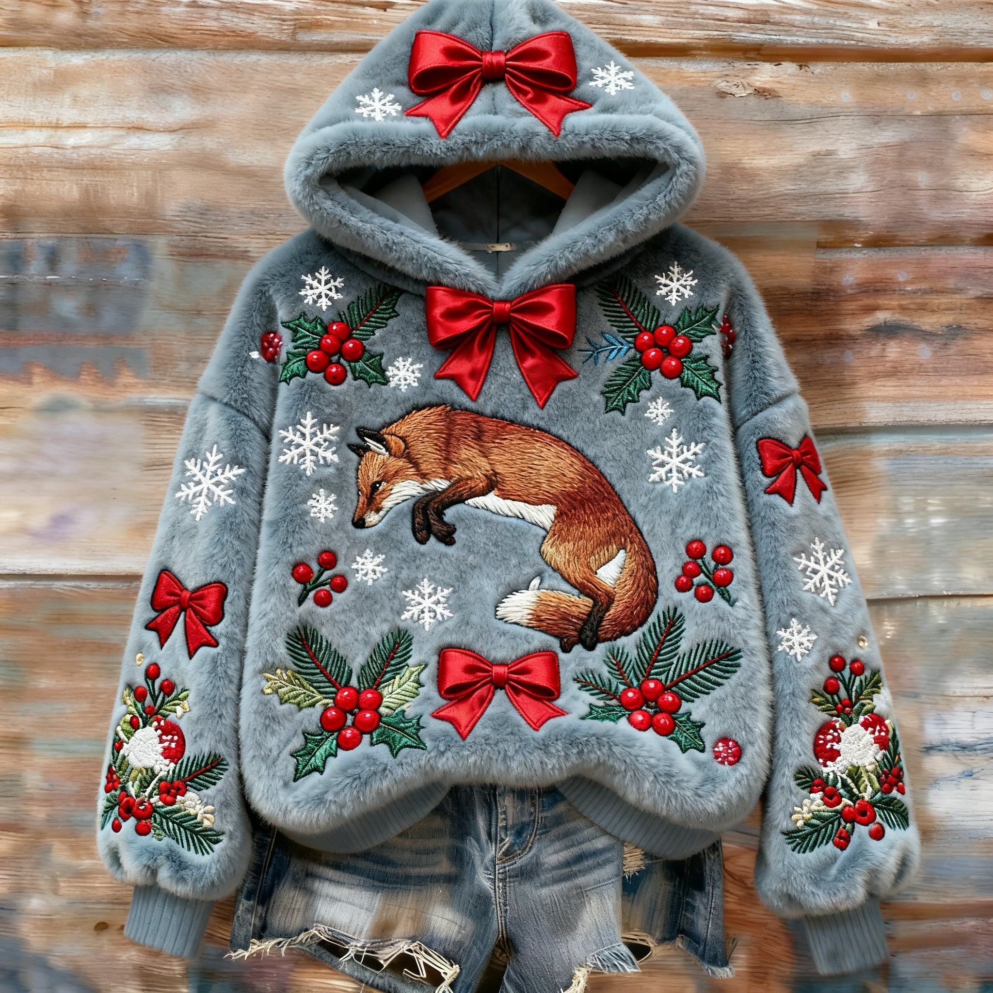 Vintage Christmas Winter Cute Fox Art Women's Cozy Plush Sweater Hoodie artswardrobe