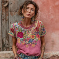 Women's Vintage Bohemian Floral Embroidery Art Round Neck Linen Blend Short Sleeve T-shirt elevenforest