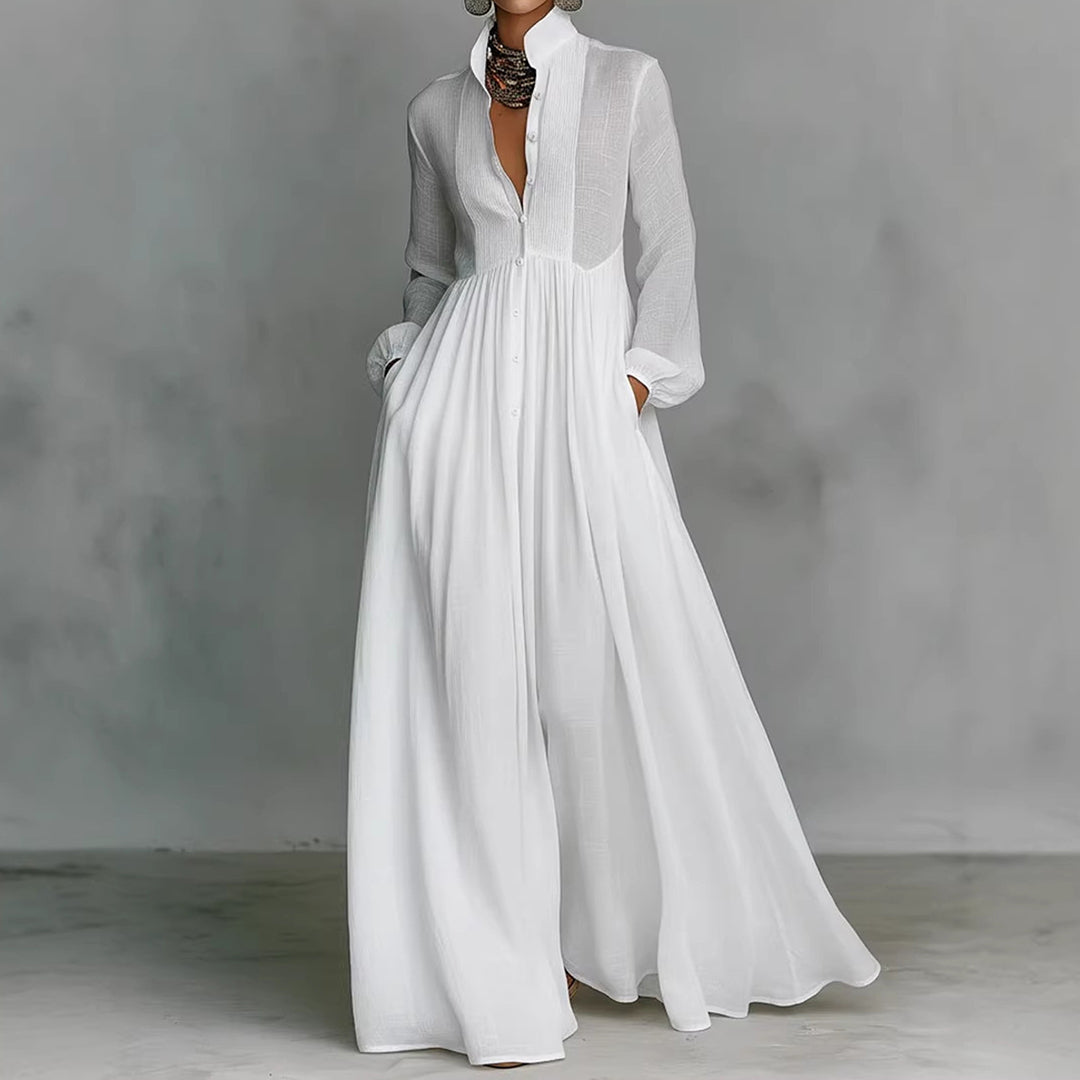 Comstylish Women's Casual Solid Color Pleated Cotton Linen Maxi Dress