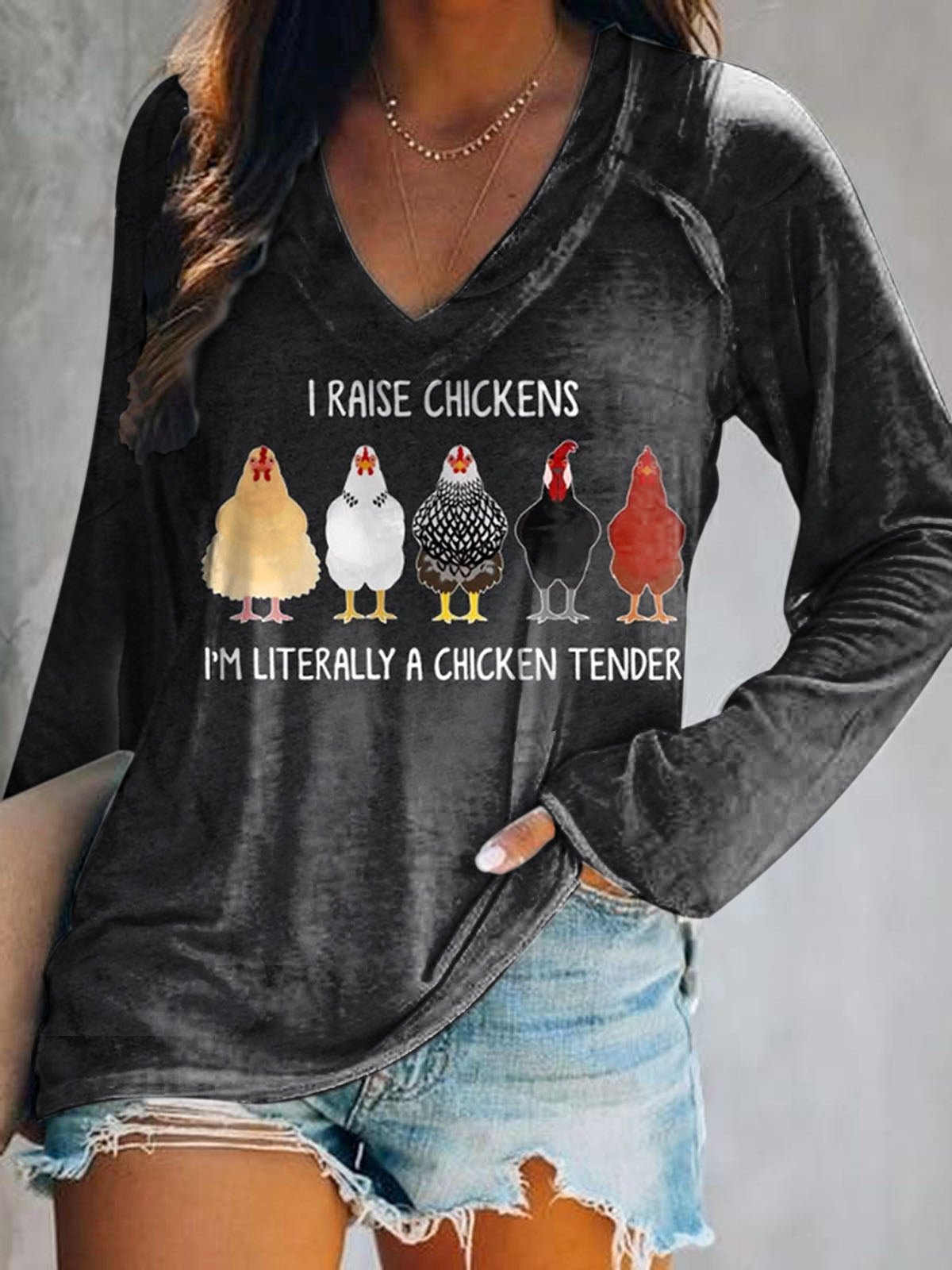 Women's I Raise Chickens I'm Literally A Chicken Tender Print V Neck L