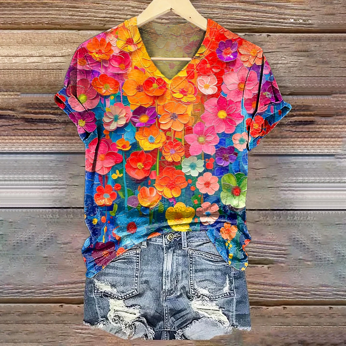 Comstylish Women's Oil Painting Floral Art V-neck T-shirt