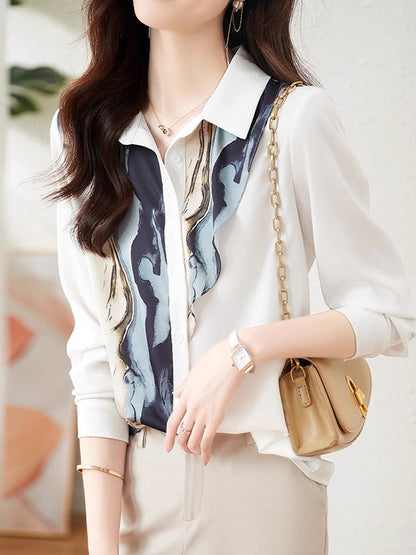 Long Sleeves Loose Buttoned Printed Lapel Blouses&shirts Tops