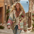 Women's Vintage Patchwork Floral Art Cozy Knitted Zip-up Hoodie