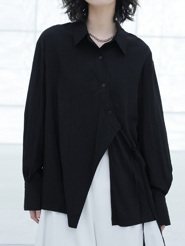 Loose Puff Sleeves Asymmetric Lace-up See-through Color Split-joint Lapel Blouses