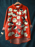 Vintage Funny Cats Art Print Casual Cotton And Linen Shirt