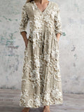 Vintage Floral Lace Embroidered V Neck Linen Blend Maxi Dress elevenforest