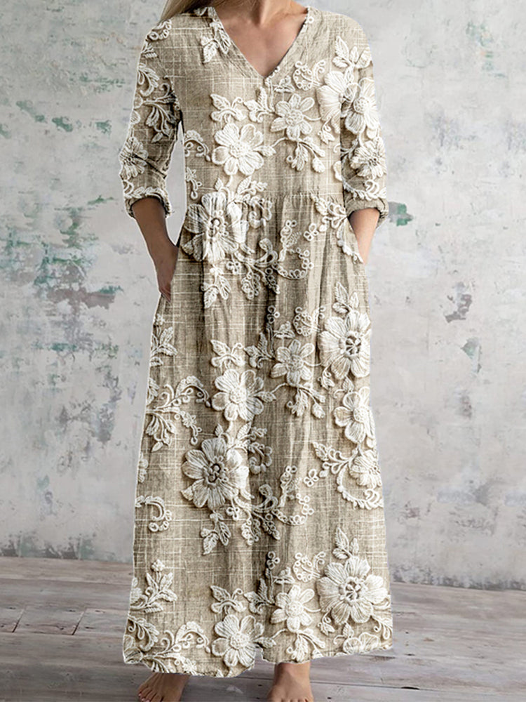 Vintage Floral Lace Embroidered V Neck Linen Blend Maxi Dress elevenforest