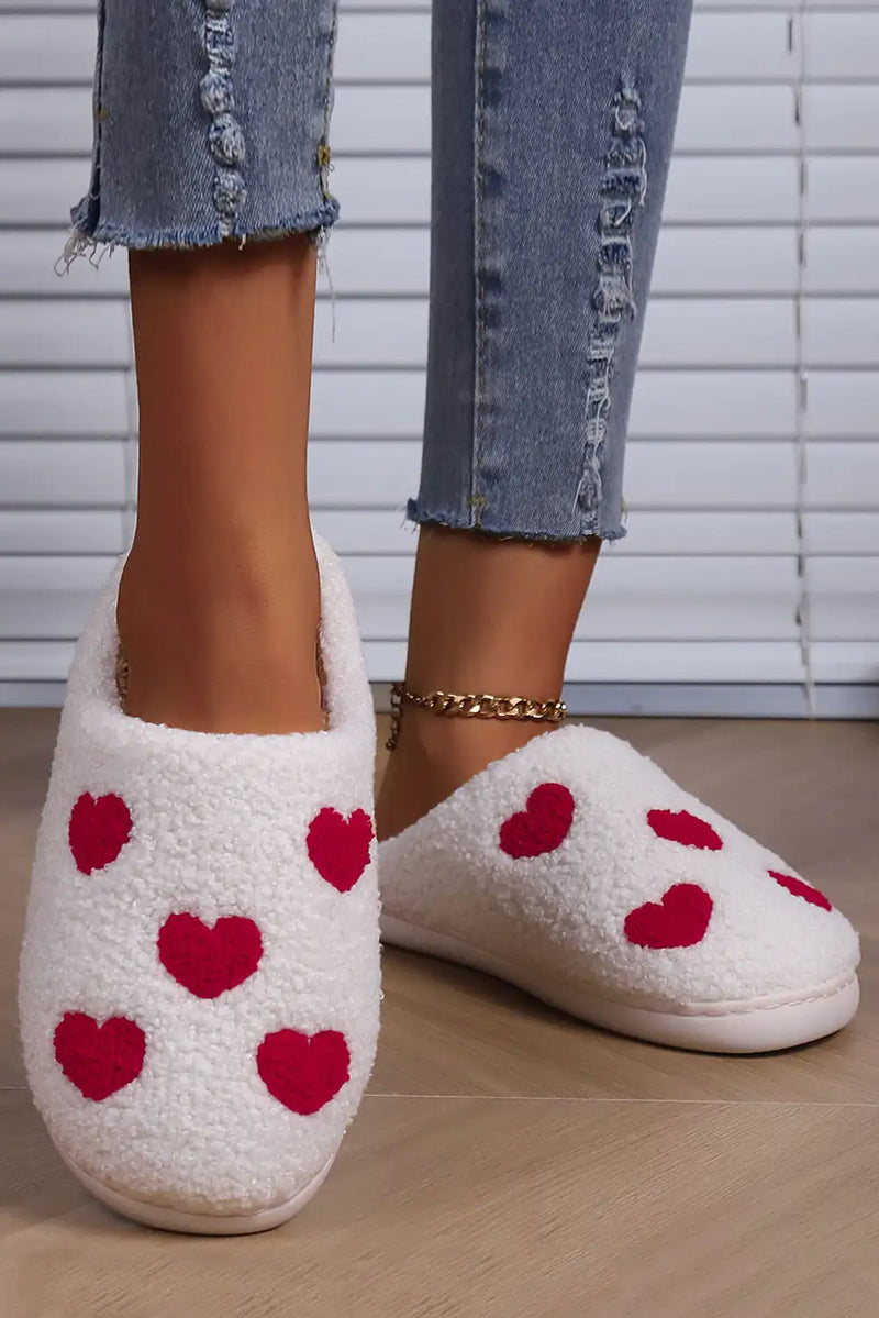 Plush White Valentines Day Hearts Print House Slippers