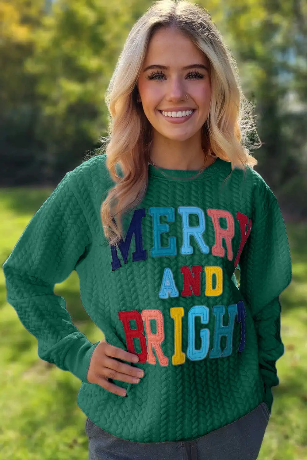 Merry and Bright Cable Knit Green Sweatshirt