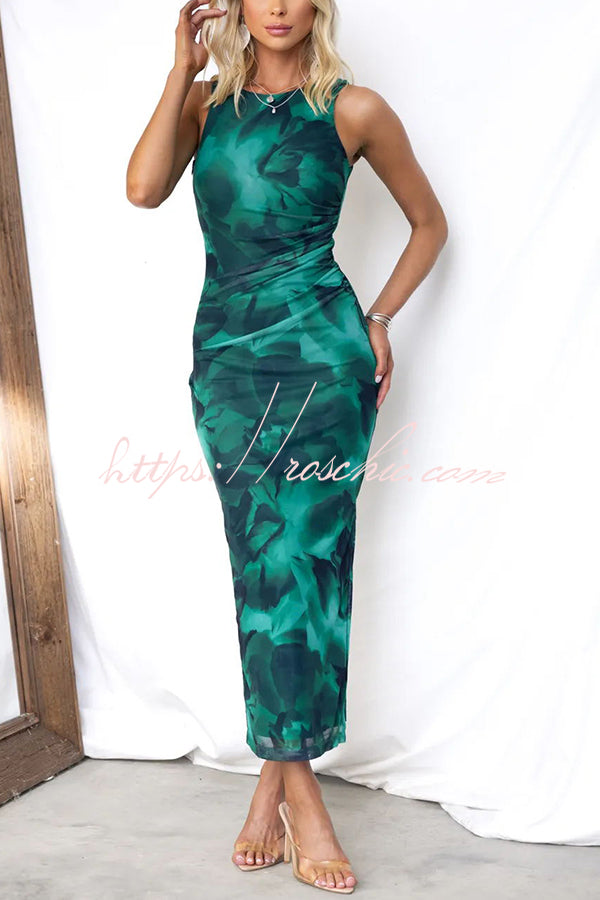 Baha Mesh Overlay Print Ruched Tank Stretch Maxi Dress