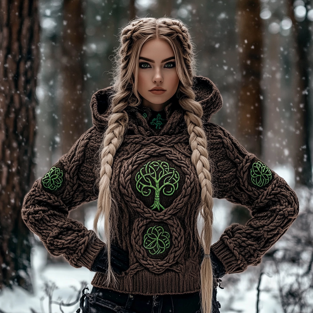 Vintage Viking Green Tree Of Life Mystical Heavy Hooded Sweater elevenforest