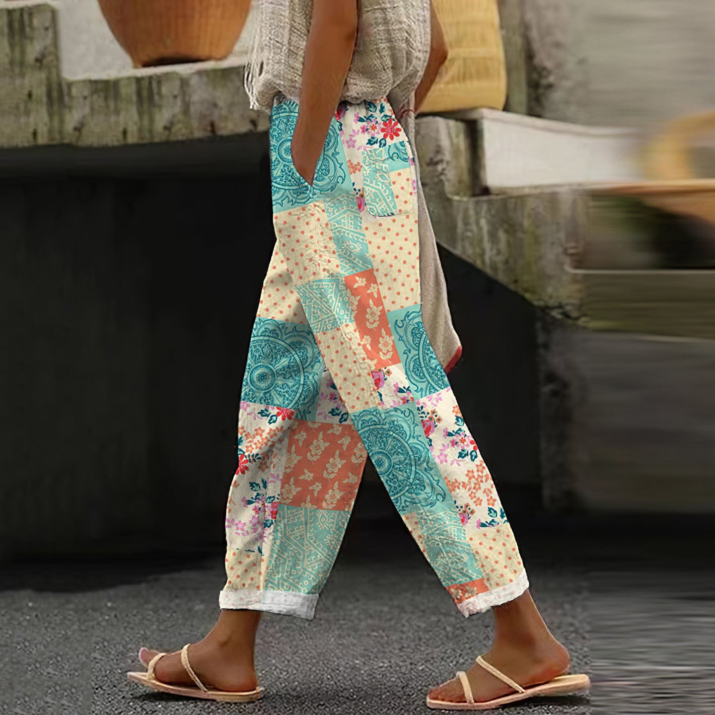 Vintage Patchwork Floral Art Cotton Linen Pants elevenforest