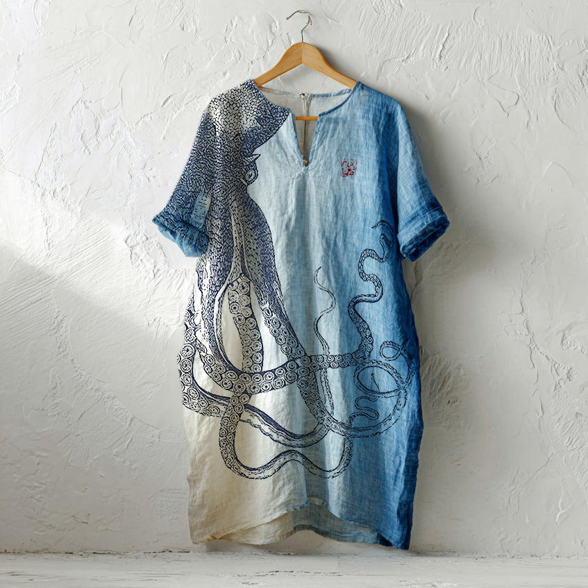 Japanese Octopus In Gradient Art Linen Tank Dress elevenforest