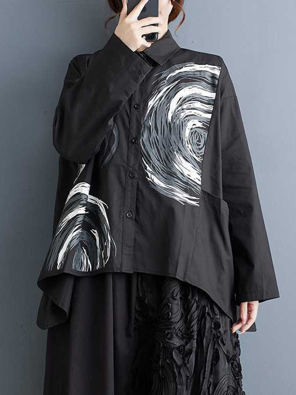 Long Sleeves Loose Asymmetric Printed Split-joint Lapel Blouses