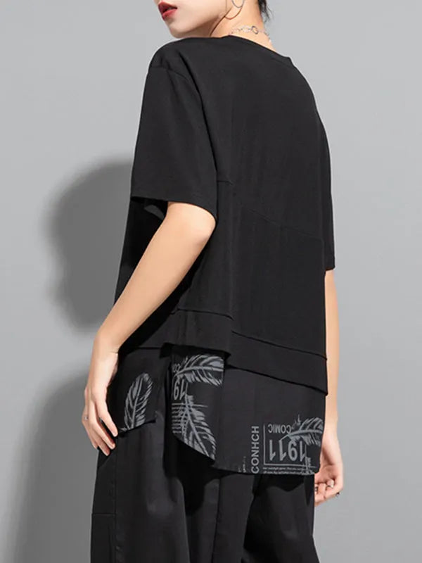 False Two Loose Printing Split-joint Round-neck T-shirts Tops
