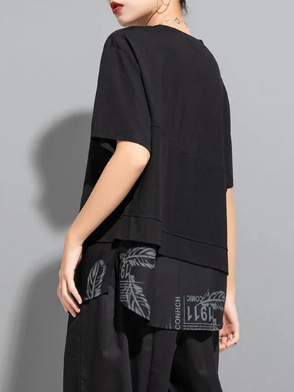 False Two Loose Printing Split-joint Round-neck T-shirts Tops