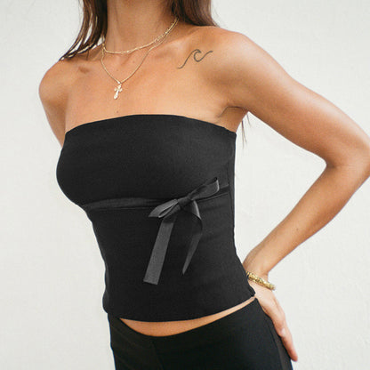 Harajuku Strapless Tank Tops Bowtie Patchwork Skinny Crop Tops Camisole Tee Shirt