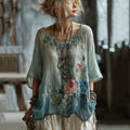 Classy Vintage Gradient Japanese Blossoms Embroidered Cotton And Linen Shirt elevenforest