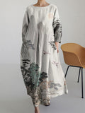 Japanese Landscape Painting Round Neck Long Sleeve Midi Dress