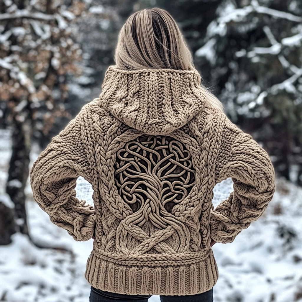 Women's Viking Tribal Runes Life Of Tree Chunky Knit Hooded Sweater elevenforest
