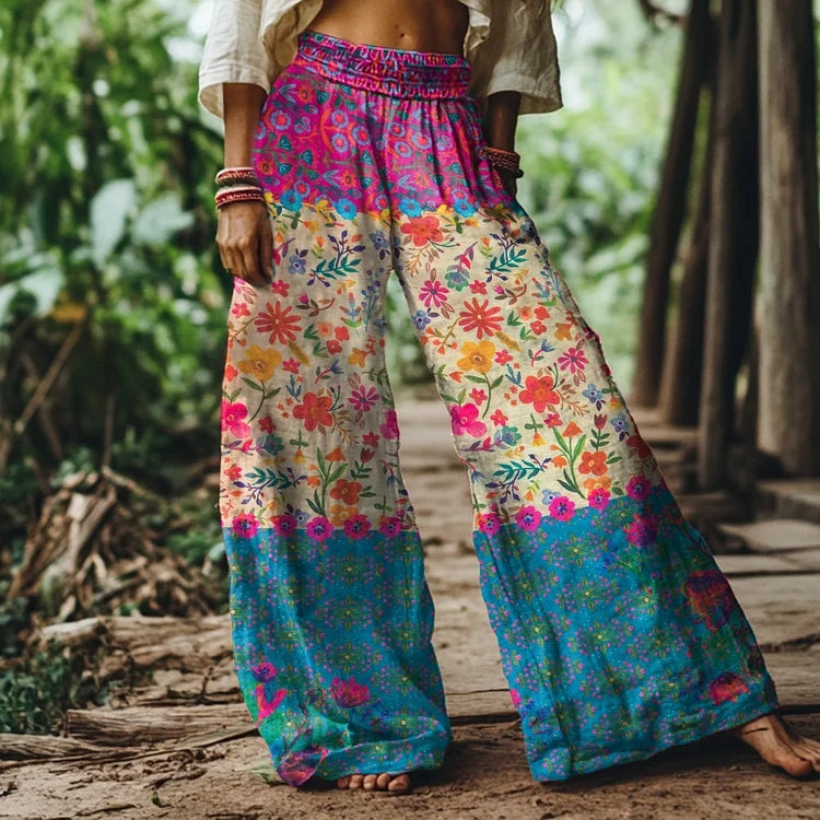 Vintage Bohemia Floral Pattern Women's Linen Blend Casual Pants elevenforest