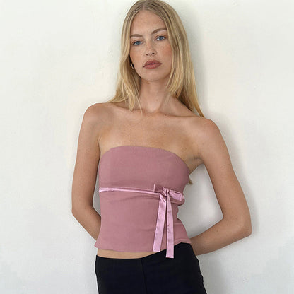 Harajuku Strapless Tank Tops Bowtie Patchwork Skinny Crop Tops Camisole Tee Shirt