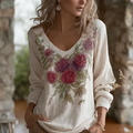 Bohemian Style Retro Red Rose Pattern Women's V-neck Long-sleeve Top elevenforest