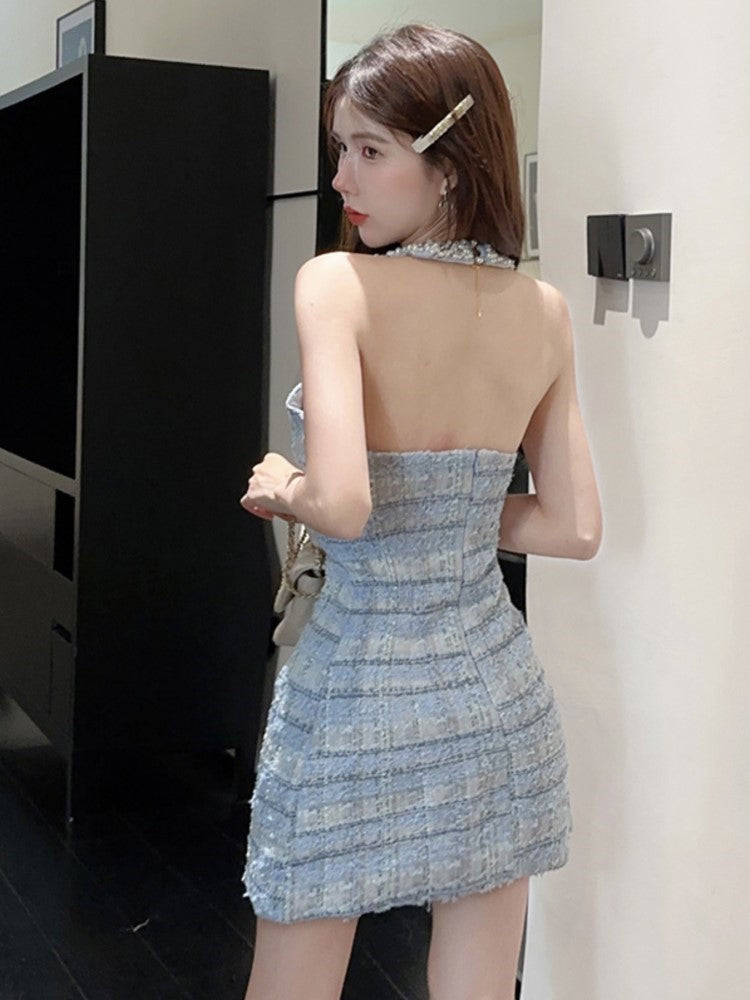 Halter Mini Dress Sleeveless Rhinestone Patchwork Shiny Slim Backless Evening Party Dresses Club Prom Vestido