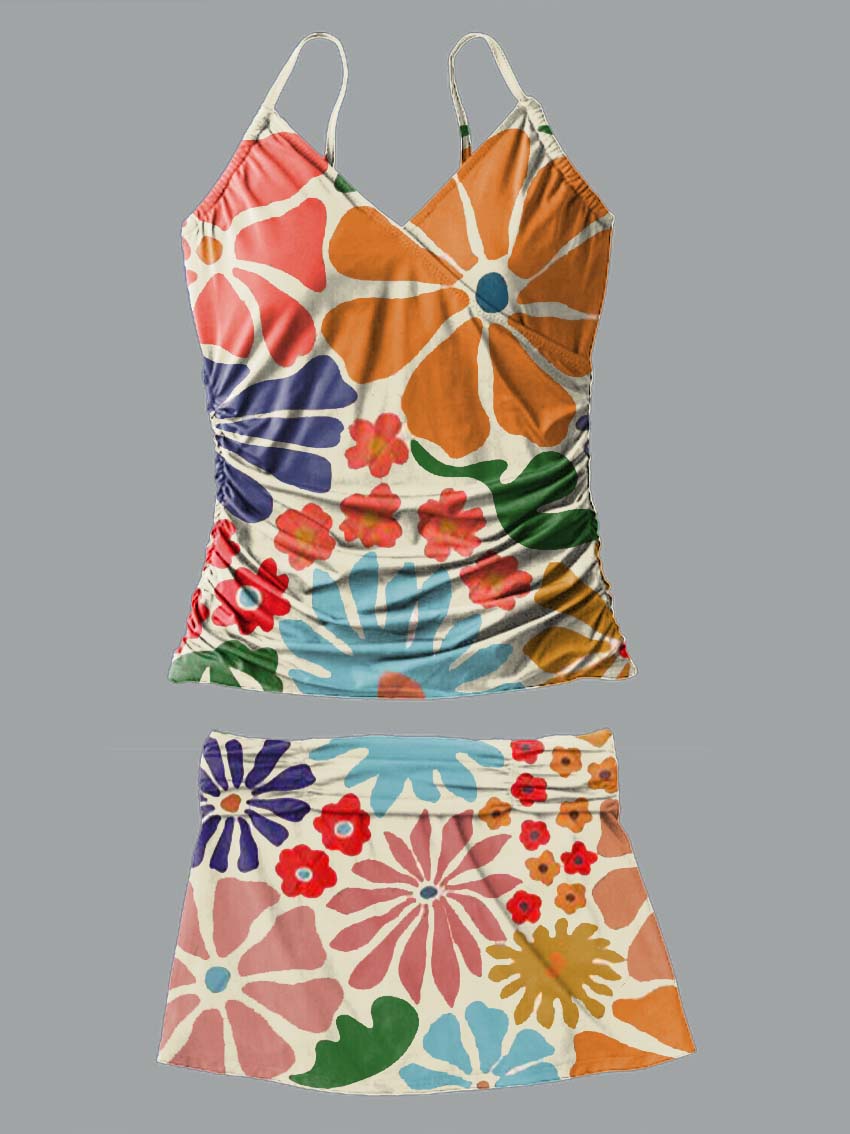 V-Neck Abstract Geometric Floral Print Suspender Skirt Tankini Pantskirt Set Swimsuit