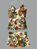 Women's V-Neck Vintage Floral Print Suspender Skirt Tankini Pantskirt Set Swimsuit