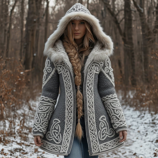 Women's Vintage Celtic Knot Knitted Print Fur Collar Zipper Sweater Jacket artswardrobe