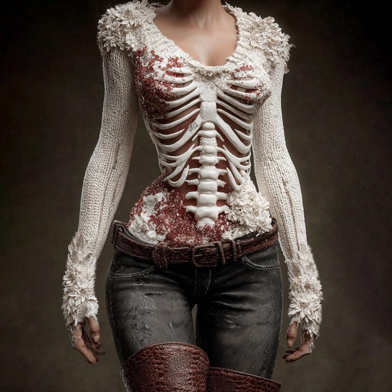 Comstylish Women's Vintage Skeleton & Floral Art V Neck Cozy Sweater