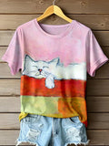 Women's Cute Animal Cat Pattern Print Round Neck T-shirt