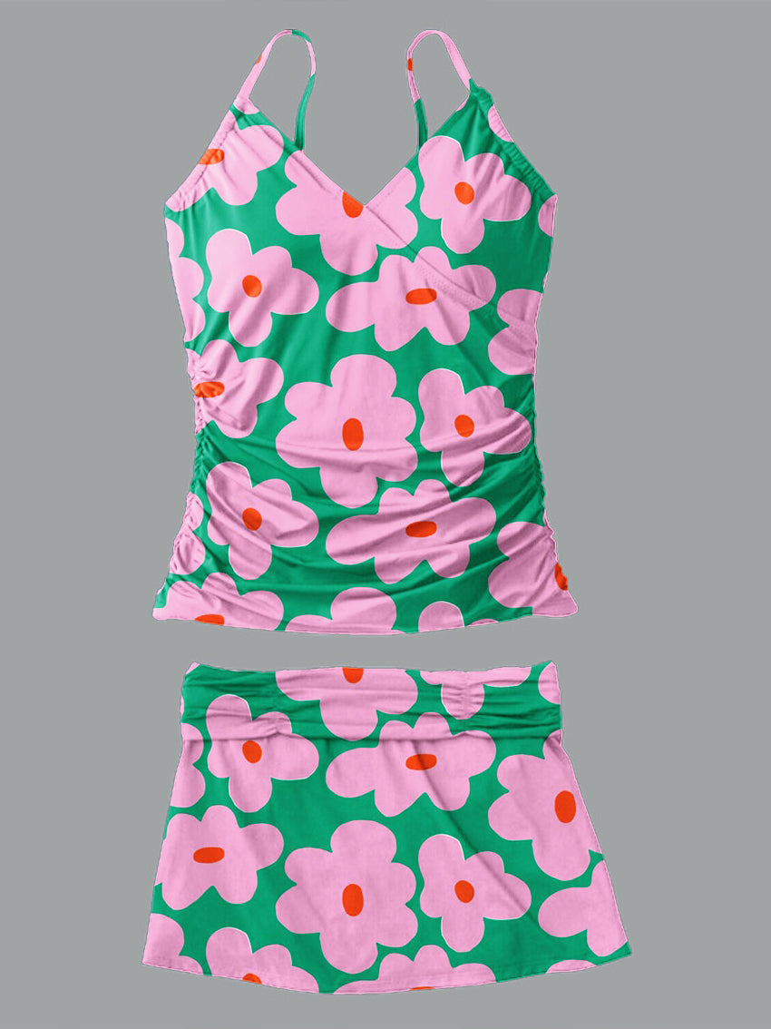 V-Neck Vintage Flowers Print Suspender Skirt Tankini Pantskirt Set Swimsuit