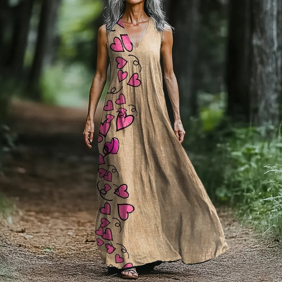 Women's Vintage Heart Art Print V-neck Tank Midi Dress elevenforest