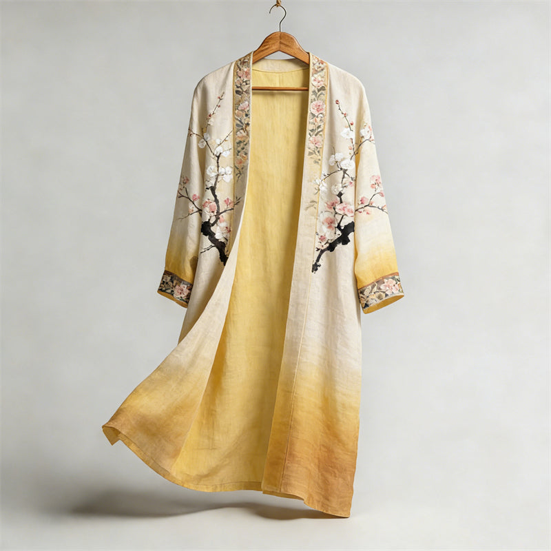 Japanese Cherry Blossom Boho Gradient Flowy Long Linen Kimono elevenforest