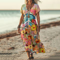 Comstylish Vintage Hippie Vibe Peace And Love Hippie Floral Painting Art Pattern Linen Blend V-neck Loose Midi Dress