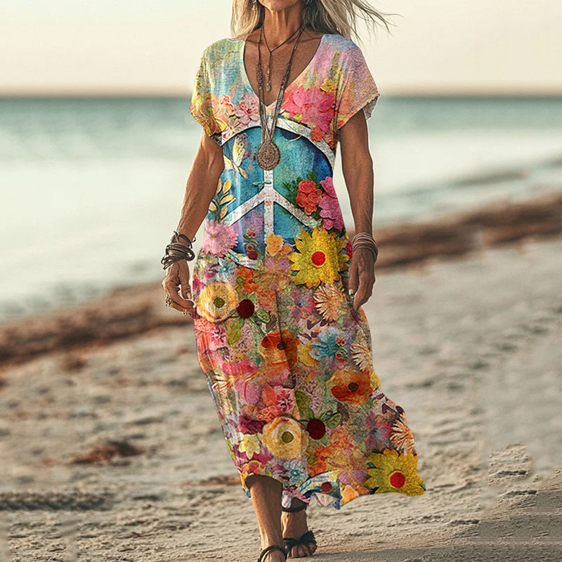 Comstylish Vintage Hippie Vibe Peace And Love Hippie Floral Painting Art Pattern Linen Blend V-neck Loose Midi Dress