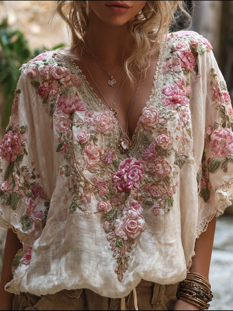Ladies' Pink Rose Three-dimensional Embroidered Beige Short Sleeved V-neck Retro Top elevenforest