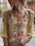 Bohemian Style Plant And Flower Embroidery Women's Round Neck Long Sleeve Cotton And Linen Top elevenforest