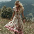 Women's Romantic Rose Embroidery Art Comfy Linen Maxi Dress elevenforest