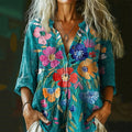 Comstylish Women's Vintage Floral Art Print Linen Blend Shirt