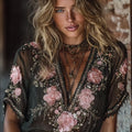 Bohemian Romantic Style Embroidered Rose Short-sleeved Top elevenforest